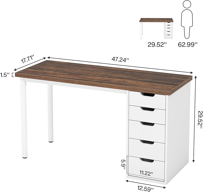 Tribesigns Computer Desk with 5 Drawers, 47 inches Rustic Brown Home Office - Image 2