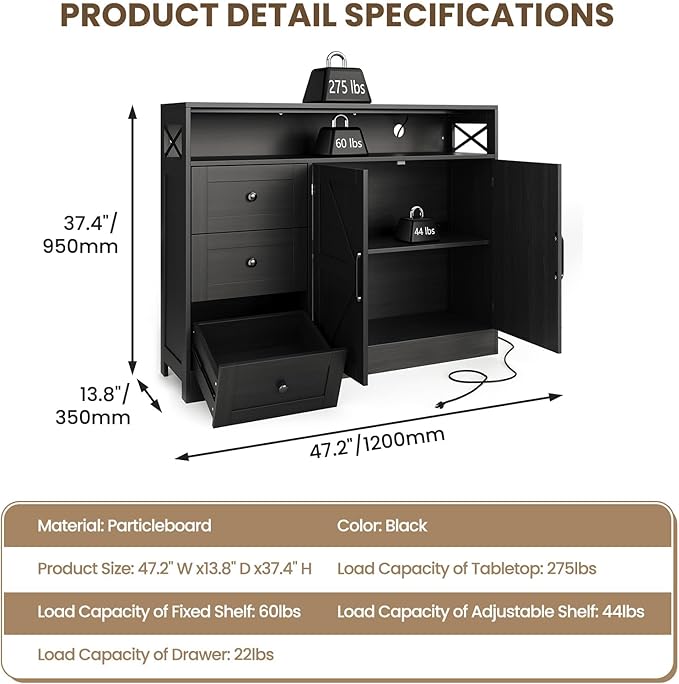 47" Farmhouse Sideboard Buffet Cabinet - Image 2