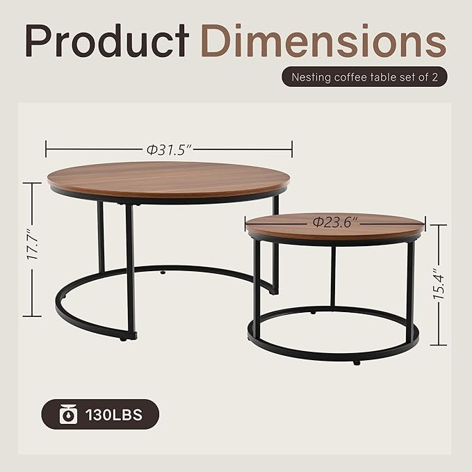 Nesting Tables Set of 2, 31.5" Round Coffee Table, Small Nesting Coffee Table - Image 2