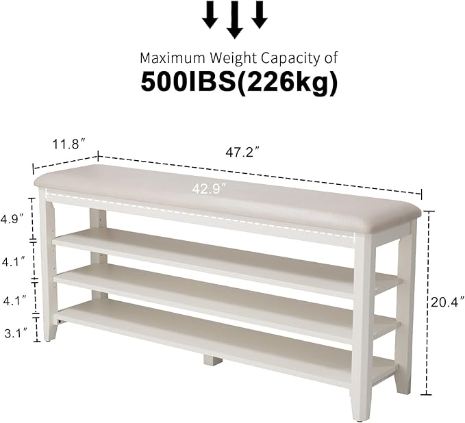 Shoe Bench with Leather Cushion, 3 Tiers Shoe Storage Bench Height Adjustable - Image 2