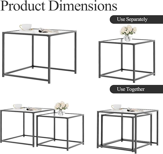 VILAWLENCE Coffee Table Set of 2, Modern Black Glass Side Table, Metal Frame - Image 7