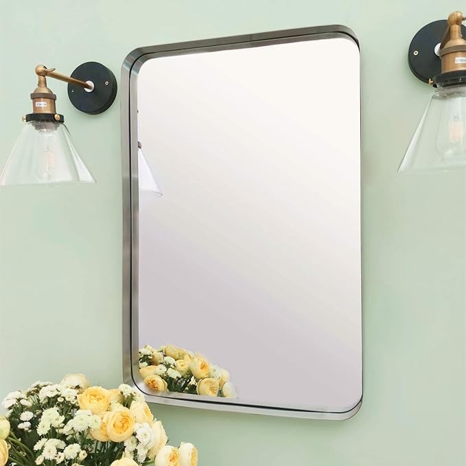 TEHOME 20x30 Brushed Nickel Bathroom Mirror Rounded Rectangle Brushed Silver - Image 2