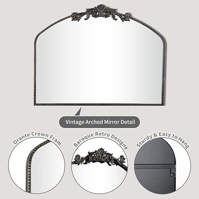 AIXI HOME Vintage Black Arched Mirror 40"X31", Antique Baroque Mantel Wall - Image 5