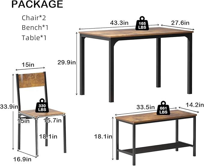 4-Piece Dining Table Set with Bench - Image 4
