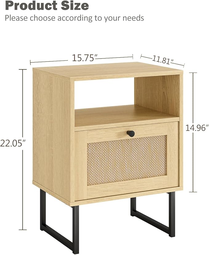 Rattan Nightstand, Boho Night Stand Farmhouse Wood Bedside Table - Image 2