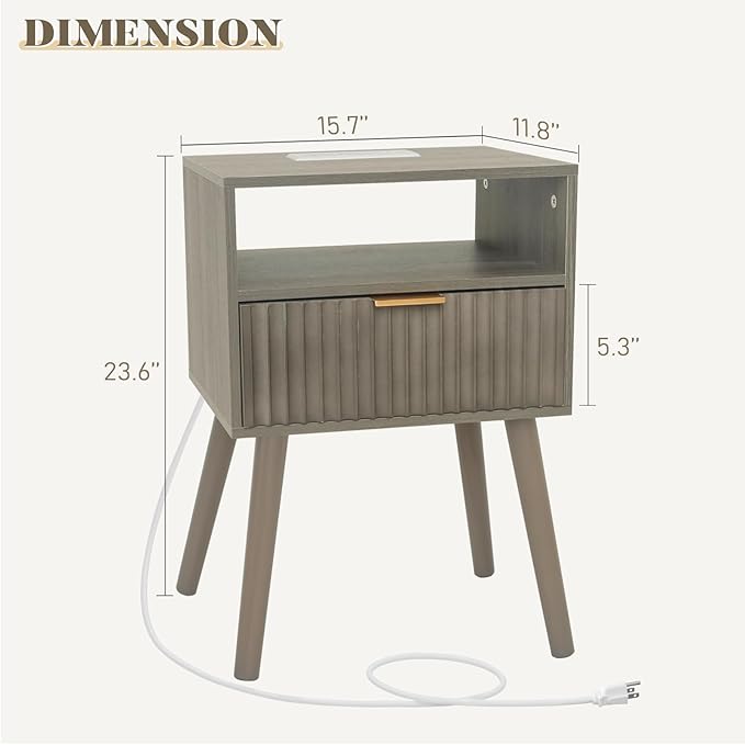 Night Stand with Charging Station, Modern Bedside Table with Drawer and Solid - Image 3