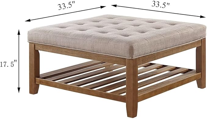24KF Large Square Upholstered Tufted Linen Ottoman Coffee Table, Large Footrest - Image 2