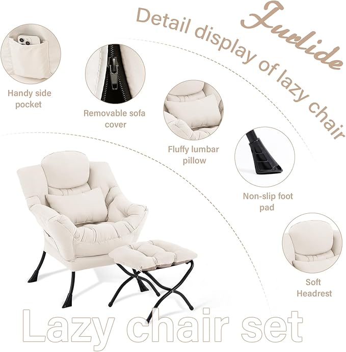 Lazy Chair with Ottoman, Comfy Fabric Accent Lounge Arm Chair with Lumbar - Image 8