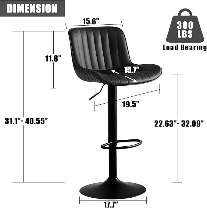 YOUNIKE Black Bar Stools Set of 2 Kitchen Counter Height Barstools - Image 2