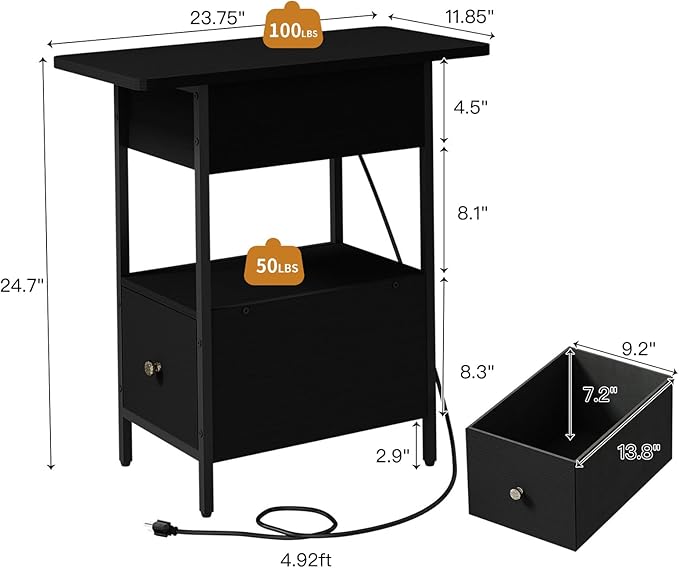 SOOWERY End Table with Charging Station, Narrow Side Table with Flip Top - Image 3