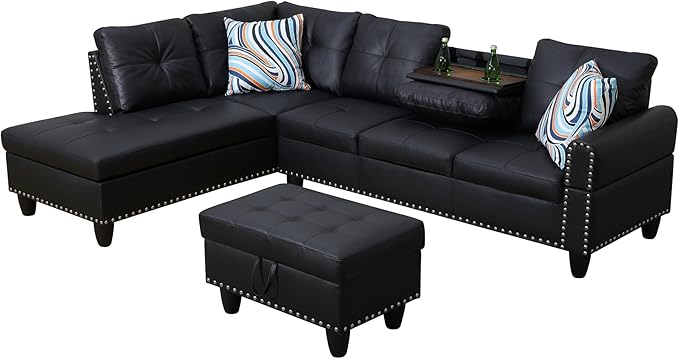 L Shaped Couch Faux Leather Sectional Couch Upholstered 3 Pieces Sofas - Image 3