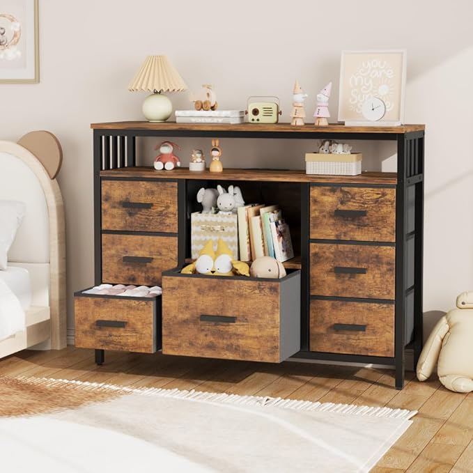 7 Drawer Dresser TV Stand with Power Outlets and LED Lights, Entertainment - Image 4