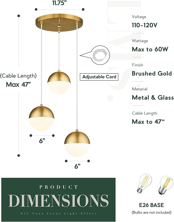 LMS Brushed Gold 3-Light Cluster Pendant Lights, Modern Kitchen Island Lighting - Image 4