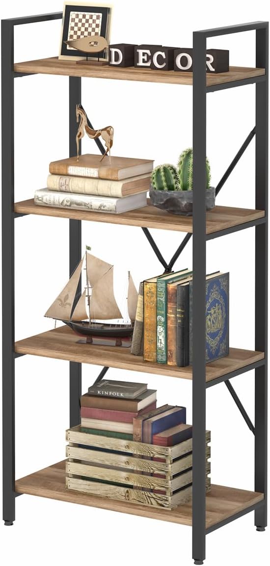 BON AUGURE Industrial 4 Tier Bookshelf, Modern Open Shelving Unit Book Shelves - Image 3