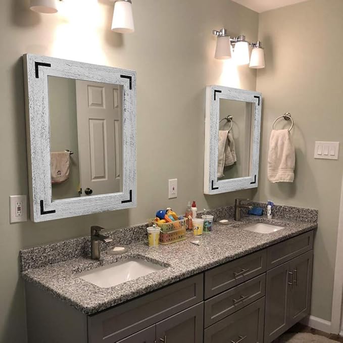 YOSHOOT Rustic Wooden Framed Wall Mirror, Natural Wood Bathroom Vanity Mirror - Image 6