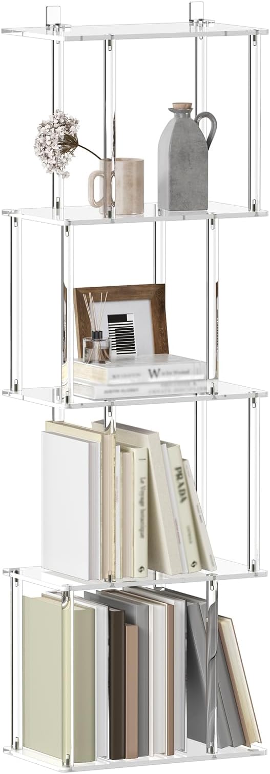 Acrylic Geometric Bookshelf for Small Spaces, 5-Tier Clear S Shaped Bookcase by CRTERICX