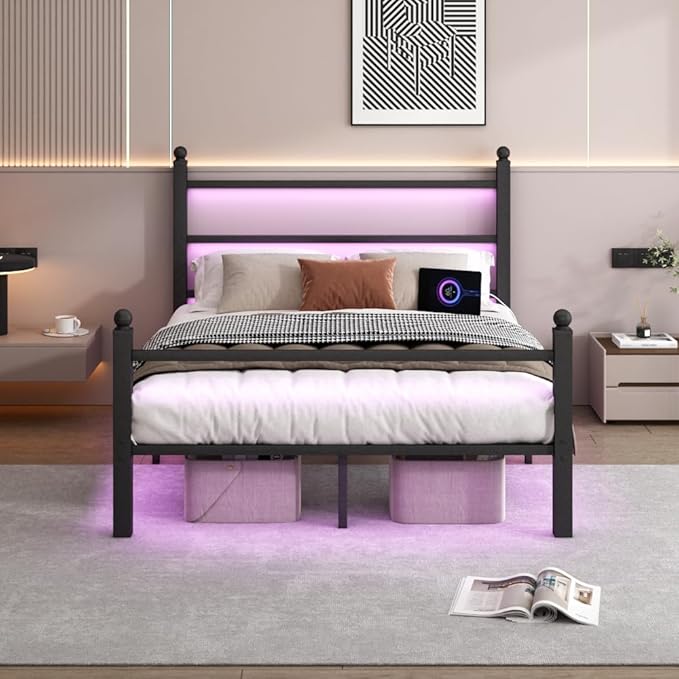 Queen Bed Frame with Headboard and Footboard, Steel Slats Support-LED Bed Frame by CLIBFENG