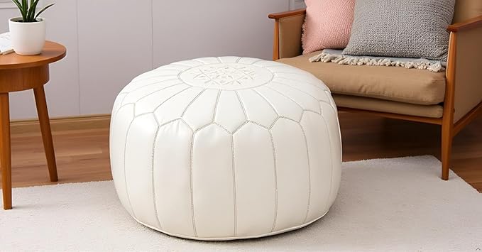 Stuffed Round Design Moroccan Leather Pouf Ottoman, Pre-Filled, 100% Genuine - Image 4