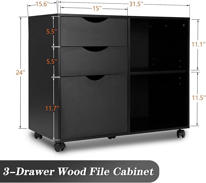 QDSSDECO 3-Drawer with Shelf Wood File Cabinet Mobile Lateral Filing Cabinet - Image 3