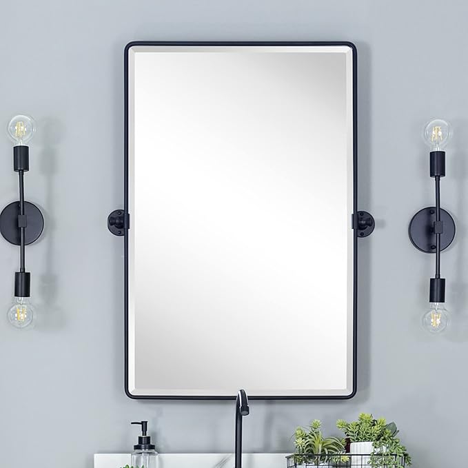 Farmhouse Pivot Rectangle Bathroom Mirror Black Metal Framed Tilting Beveled by TEHOME
