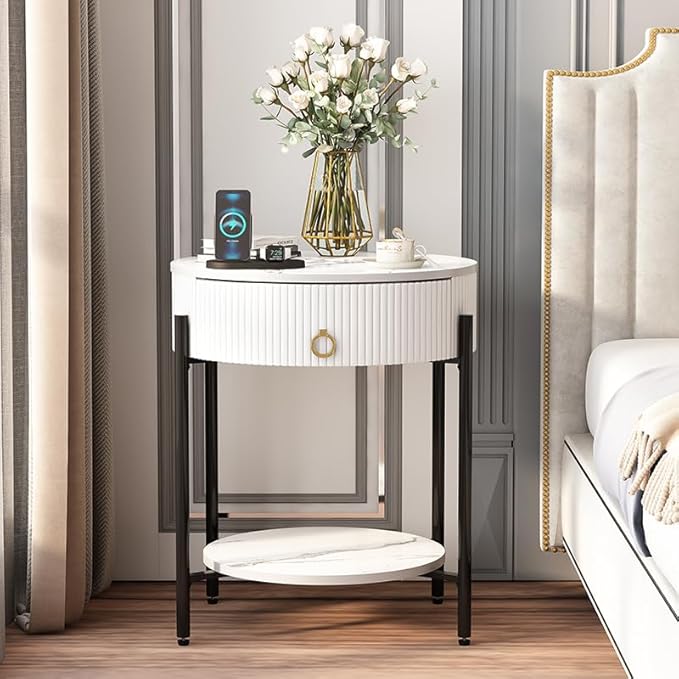 OIOG Round End Table with Drawer, Modern 2 Tier NightStand with Shelf, Small - Image 9