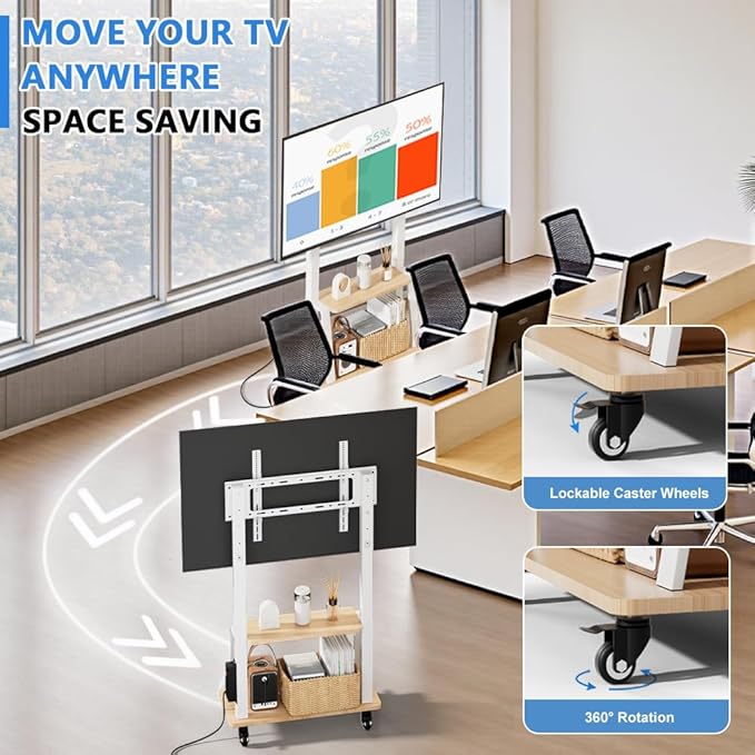 Mobile TV Stand with Power Outlet, Wood Shelf Portable TV Stand on Wheels - Image 7