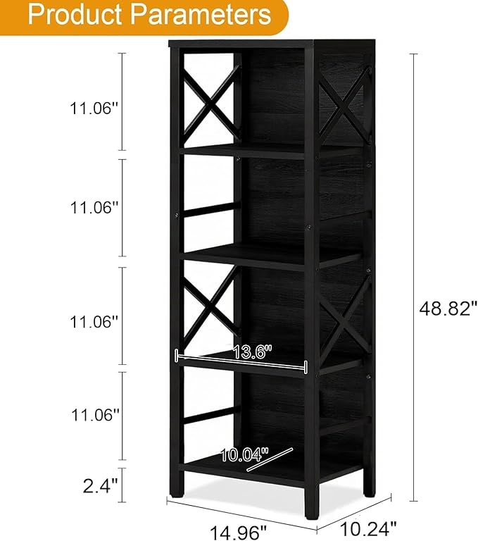 Small Bookshelf, 5 Tier Industrial Bookcase - Image 2