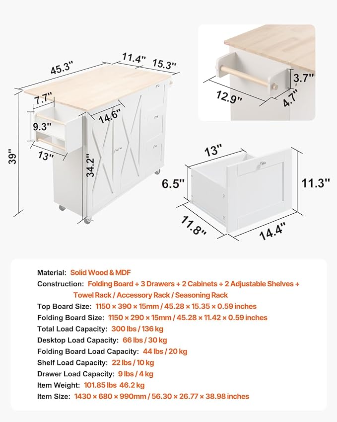 VEVOR Kitchen Island Cart, 45.3x39 inch Rolling Kitchen Table, Mobile Carts - Image 7