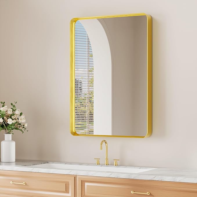 Koonmi Gold Bathroom Mirror for Wall, 22x30 Inch Matte Metal Deep Framed by KOONMI