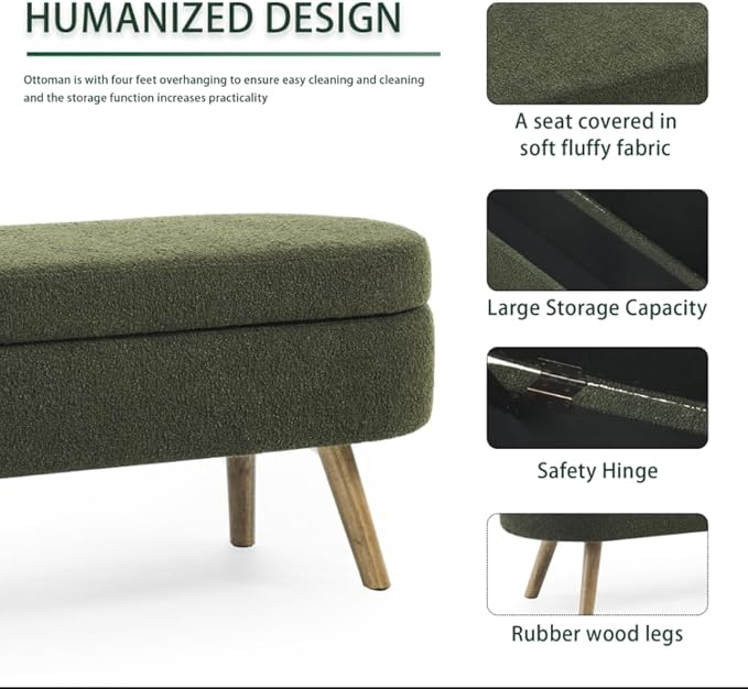 Oval Storage Bench 43.5" Linen Fabric Upholstered Entryway Bench - Image 9