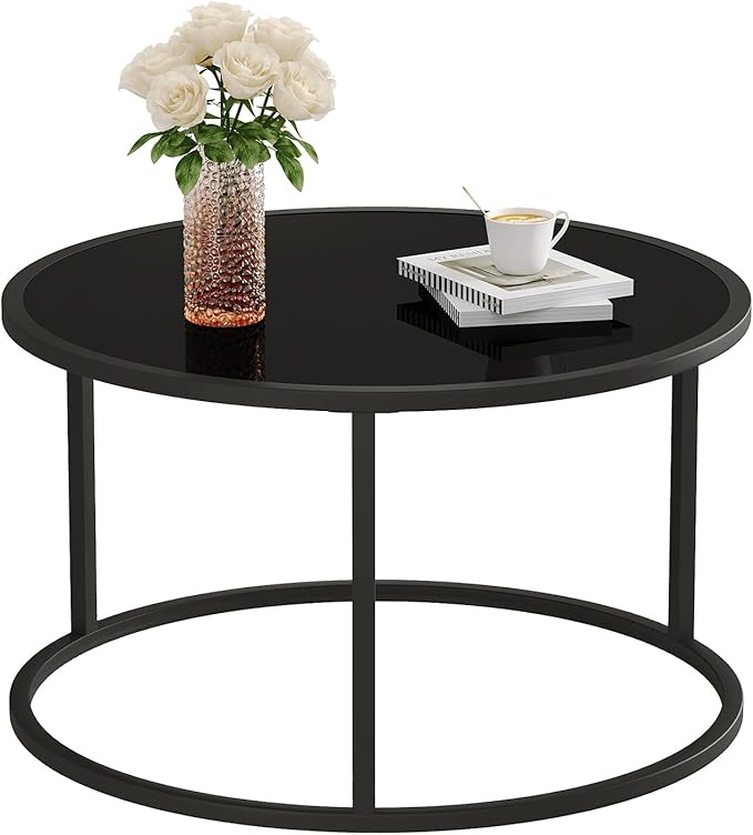 SAYGOER Black Glass Coffee Table Small Round Coffee Tables 27.6In Modern by Saygoer