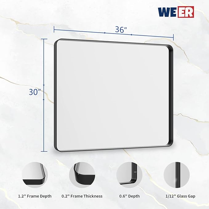 WEER 36X30 Inch Black Metal Framed Bathroom Mirror, Matte Black Bathroom Vanity - Image 6