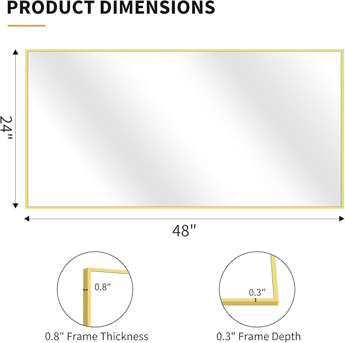 KOCUUY 24x48 Inch Large Gold Wall Mounted Mirror, Aluminum Framed Decorative - Image 6