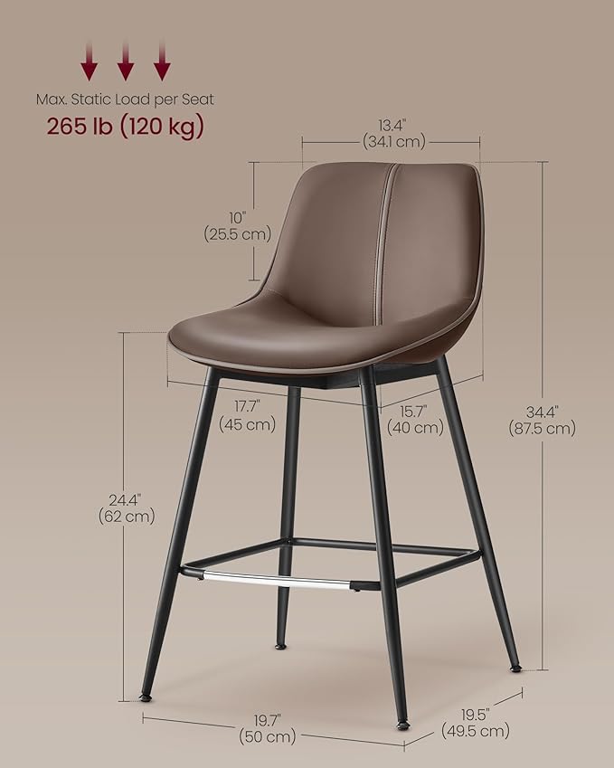 VASAGLE Bar Stools Set of 2, Counter Height Bar Stools - Image 2