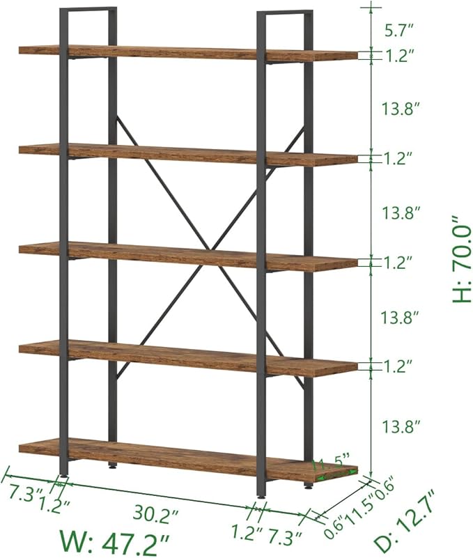 HSH Rustic Bookcases and Book Shelves 5 Shelf, Metal Wood 5 Tier Bookshelf and - Image 2