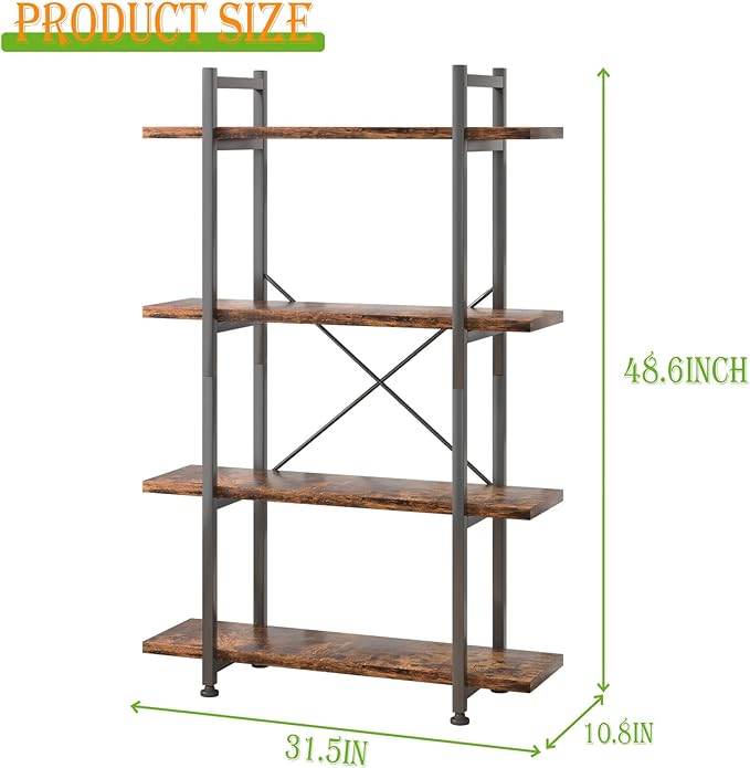 4 Tiers Bookshelf Rustic Brown Wooden Storage Shelf, Industrial Shelf Book - Image 2
