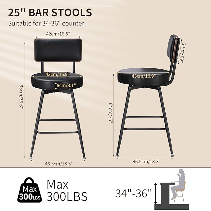 Bar Stools, 25 Inch Swivel Counter Height Bar Stools Set of 2 - Image 2