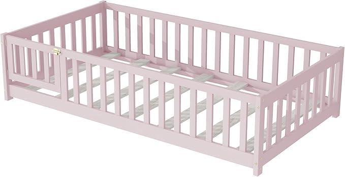 Twin Floor Bed Frame with Slats and Safety Guardrail, Wood Twin Size Montessori - Image 9