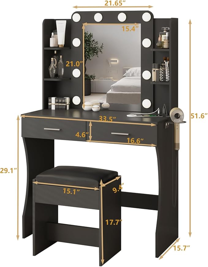 Vabches Vanity Desk with Lights, Makeup Vanity with Power Strip, Dressing Table - Image 5