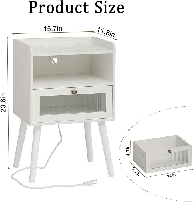 AWASEN White Nightstand with Charging Station, Modern Bedside Table with Glass - Image 7