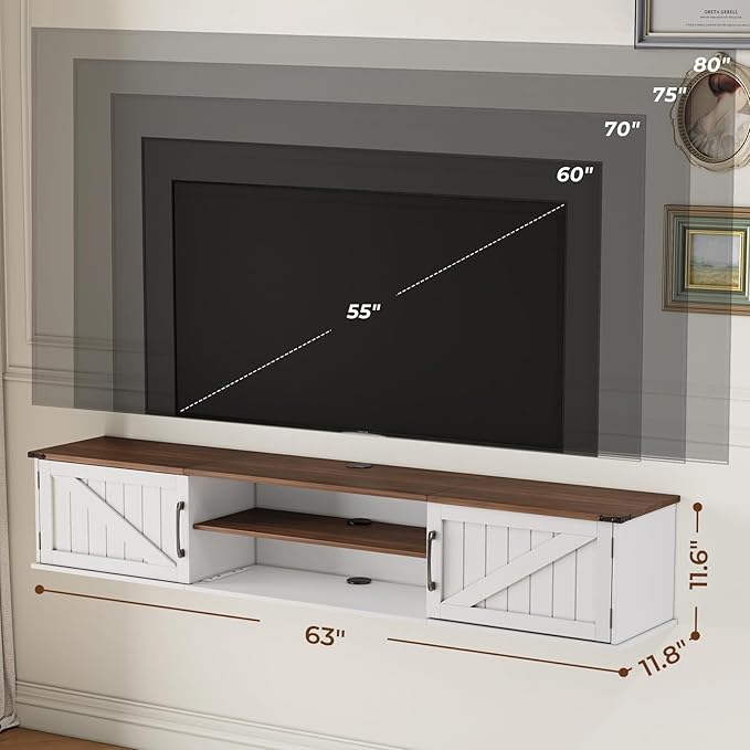Floating TV Stand with Doors, 2 Tier Wall Mounted TV Stand, Floating - Image 4