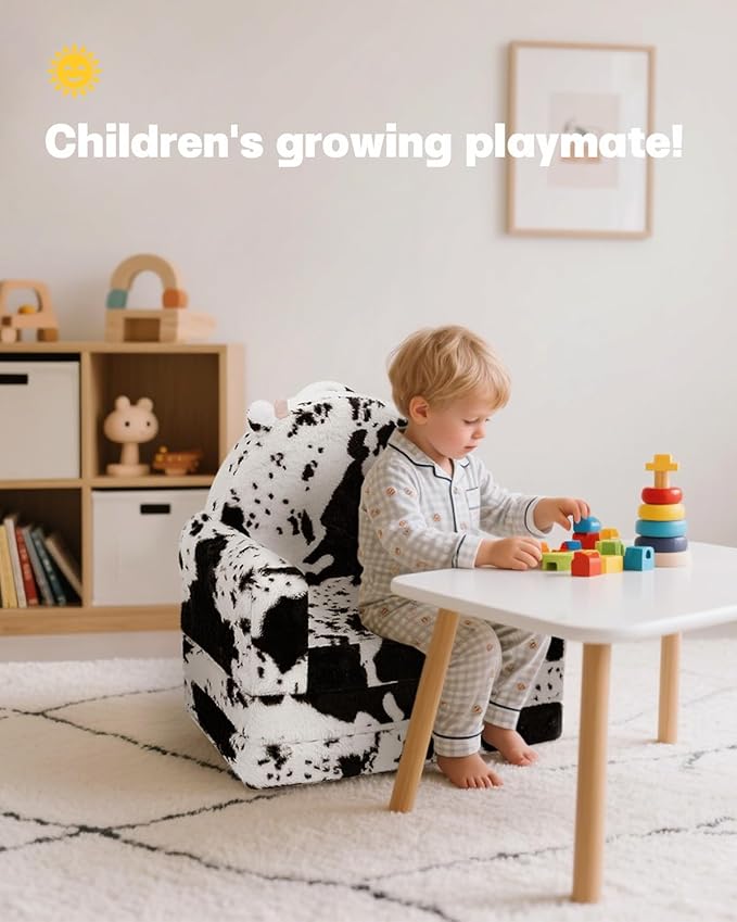 2-in-1 Toddler Chair and Couch – Soft Faux Rabbit Fur, Cow Pattern Design - Image 5