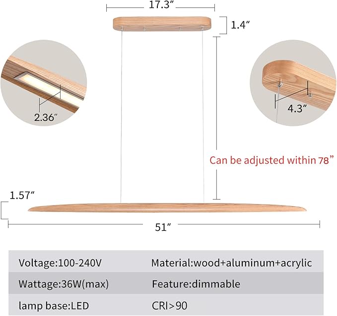 51" 36W Wood LED Linear Pendant Light Fixture Led Dining Room Light Dimmable - Image 2