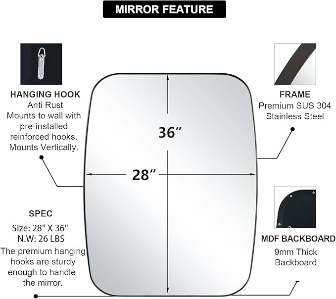 ANDY STAR Brushed Bronze Mirror, 28x36 Inch Stainless Steel Metal Frame Oblong - Image 4