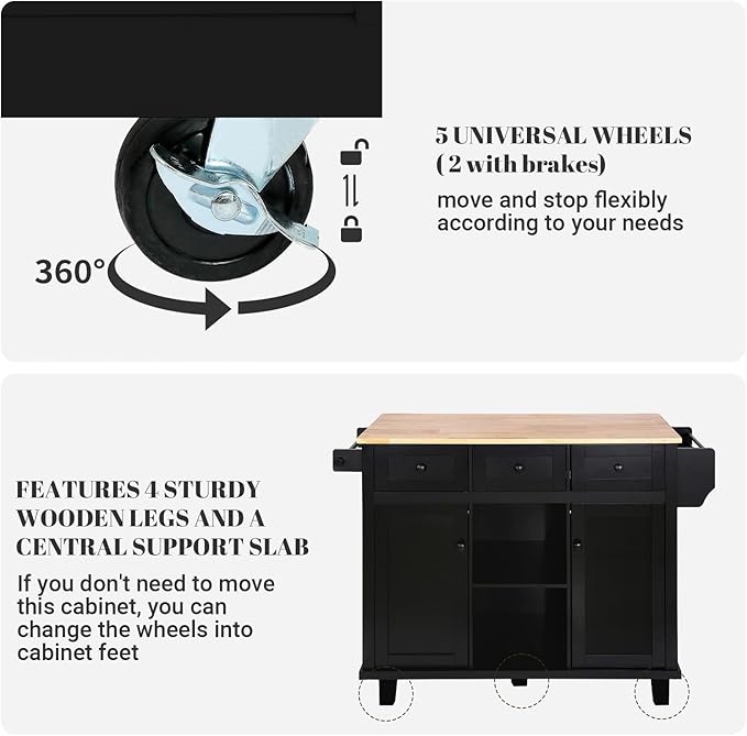 Rovibek Kitchen Island with Drawers 53 in Rolling Island Cart Mobile Solid Wood - Image 7