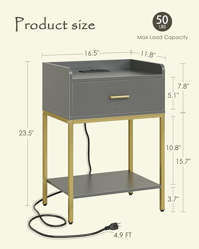 Nightstand with Charging Station, 3-Tier Bedside Table - Image 2