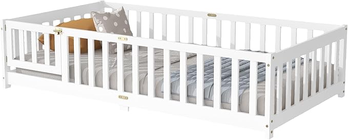 Twin Floor Bed with Slats and Center Support Bar, Wood Montessori Floor Bed by Bellemave
