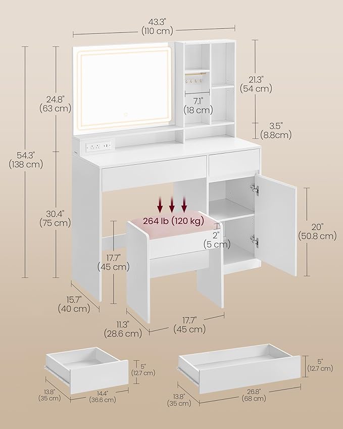 VASAGLE Vanity Desk with Mirror and Lights, Power Outlets, Vanity Table Set - Image 6
