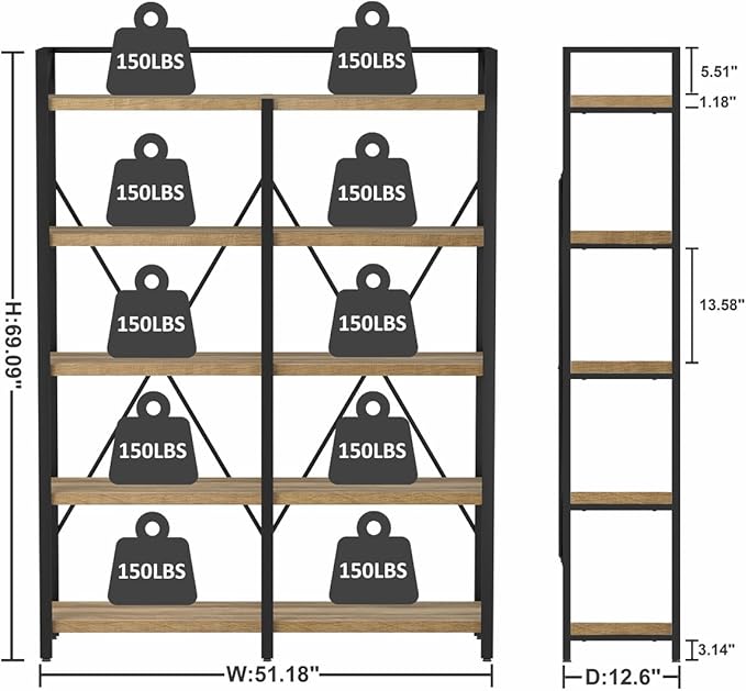 FATORRI Bookshelf, 5 Tier Industrial, Tall Etagere Bookcase, Rustic Wood and - Image 2