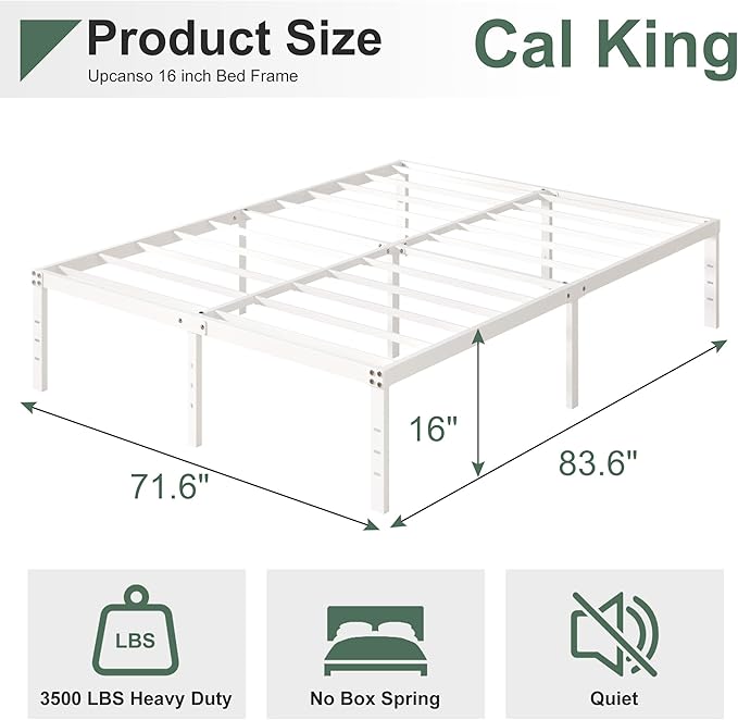16 Inch White California King Bed Frames No Box Spring Need, Platform Cal King - Image 2